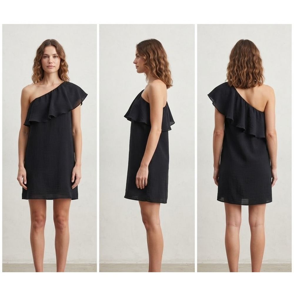 CeCe One Shoulder Ruffle Overlay Shift Mini Dress Womens 6 Black Crinkle Lined